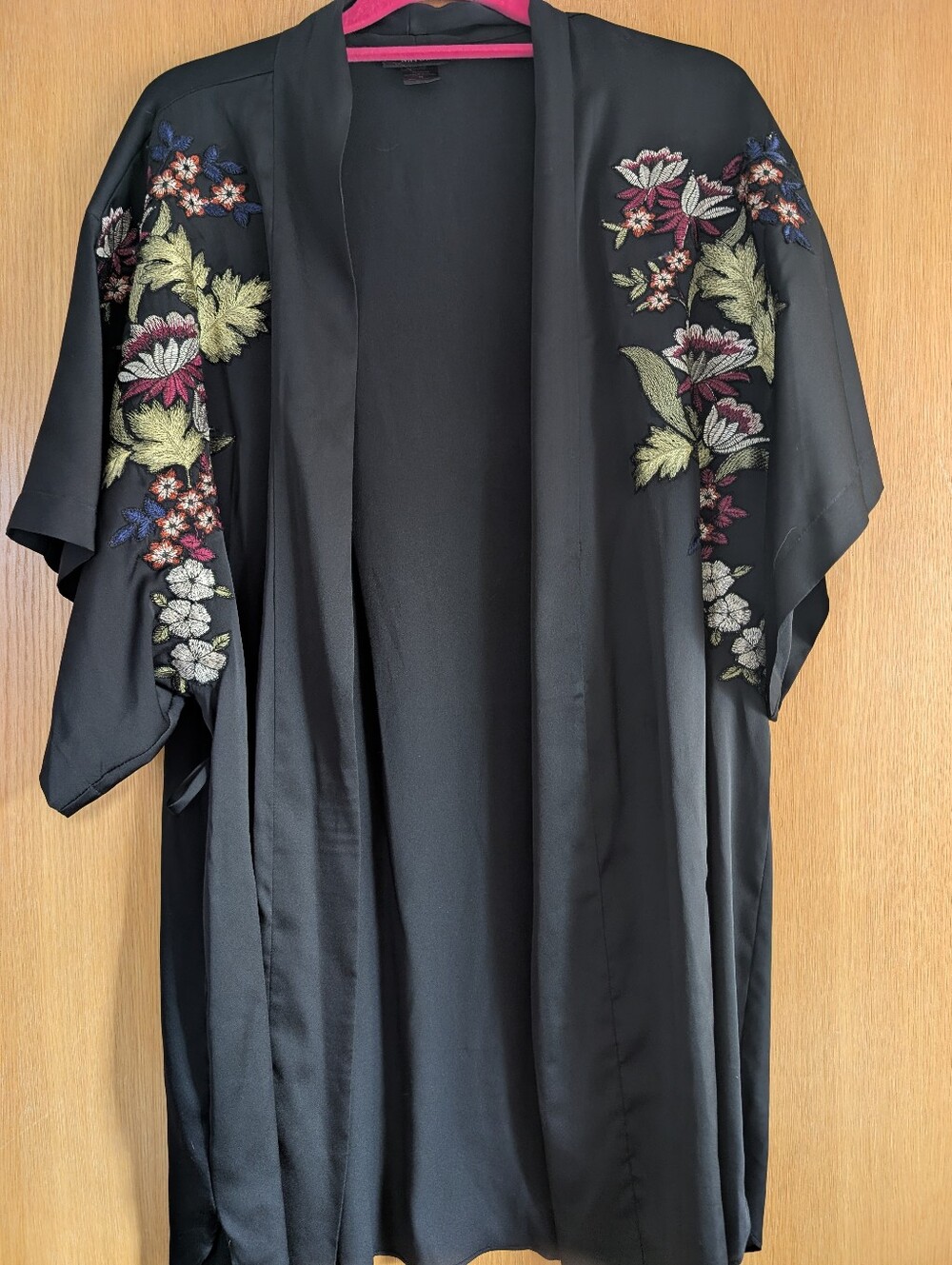 Natori Black Satin Kimono with Multicolor Floral Embroidery
